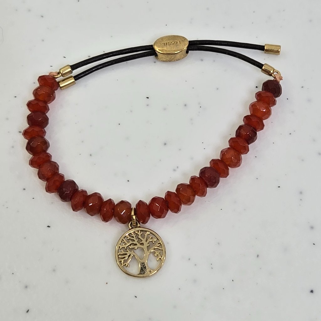Fossil Tree Of Life Bracelet Orange Beaded Gold Tone Charm Adjustable Stretch 20$